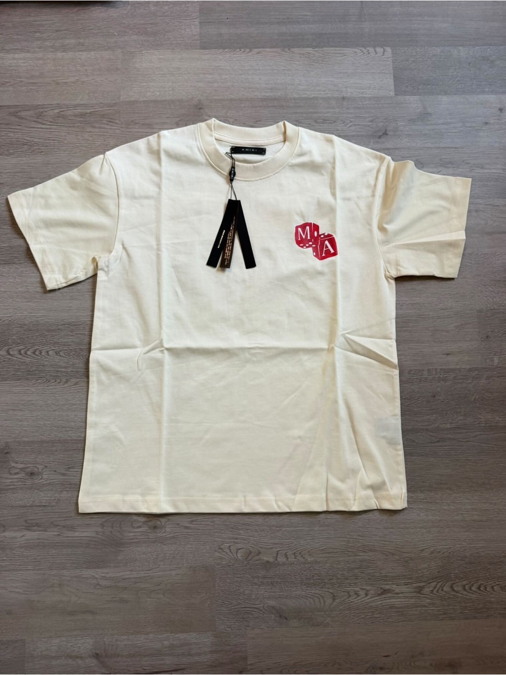 AMIRI Cream Short Sleeve Tee with Red Dice Logo